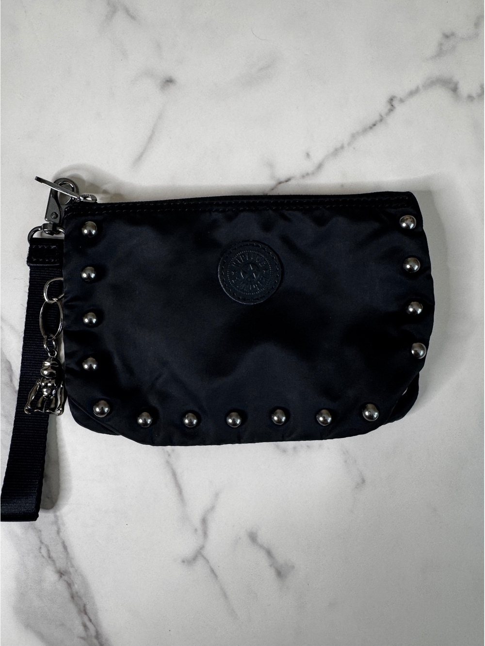 Kipling Black Studded Nylon Wristlet Pouch Monkey Charm Zip Cosmetic Travel Bag